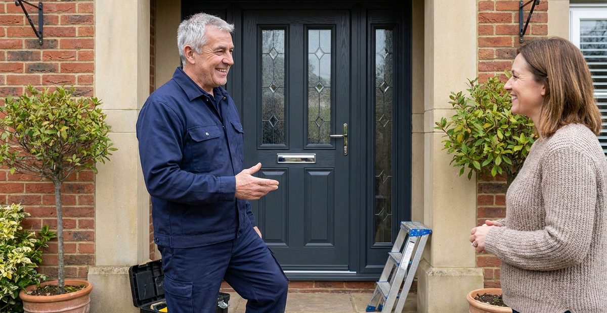 A Kuntry Windows fitter talking with a happy customer at their new front door