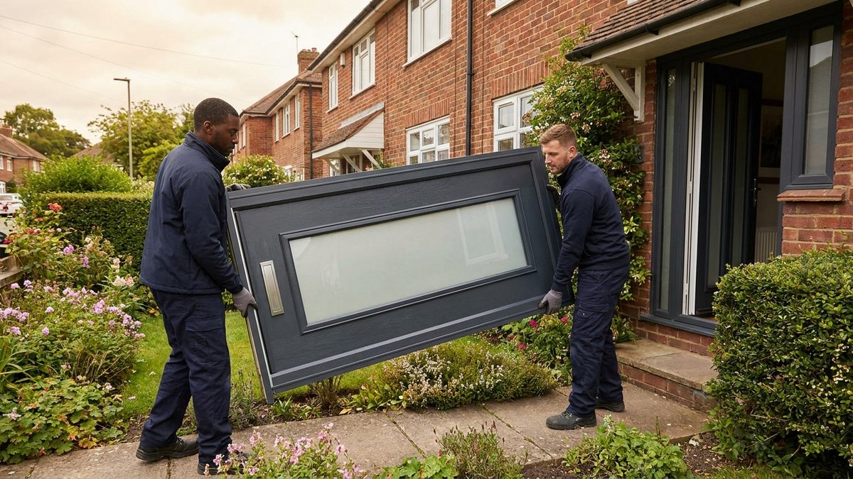 Kuntry Windows fitters carrying a new composite door to a home