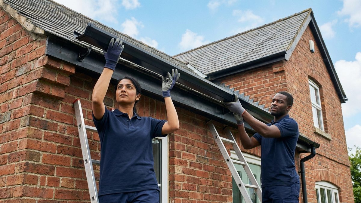 Fitters installing new uPVC guttering and roofline