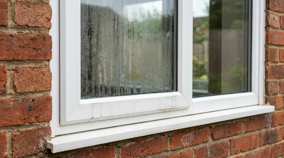 A misted, failed double-glazed unit in a uPVC window on a Midlands home